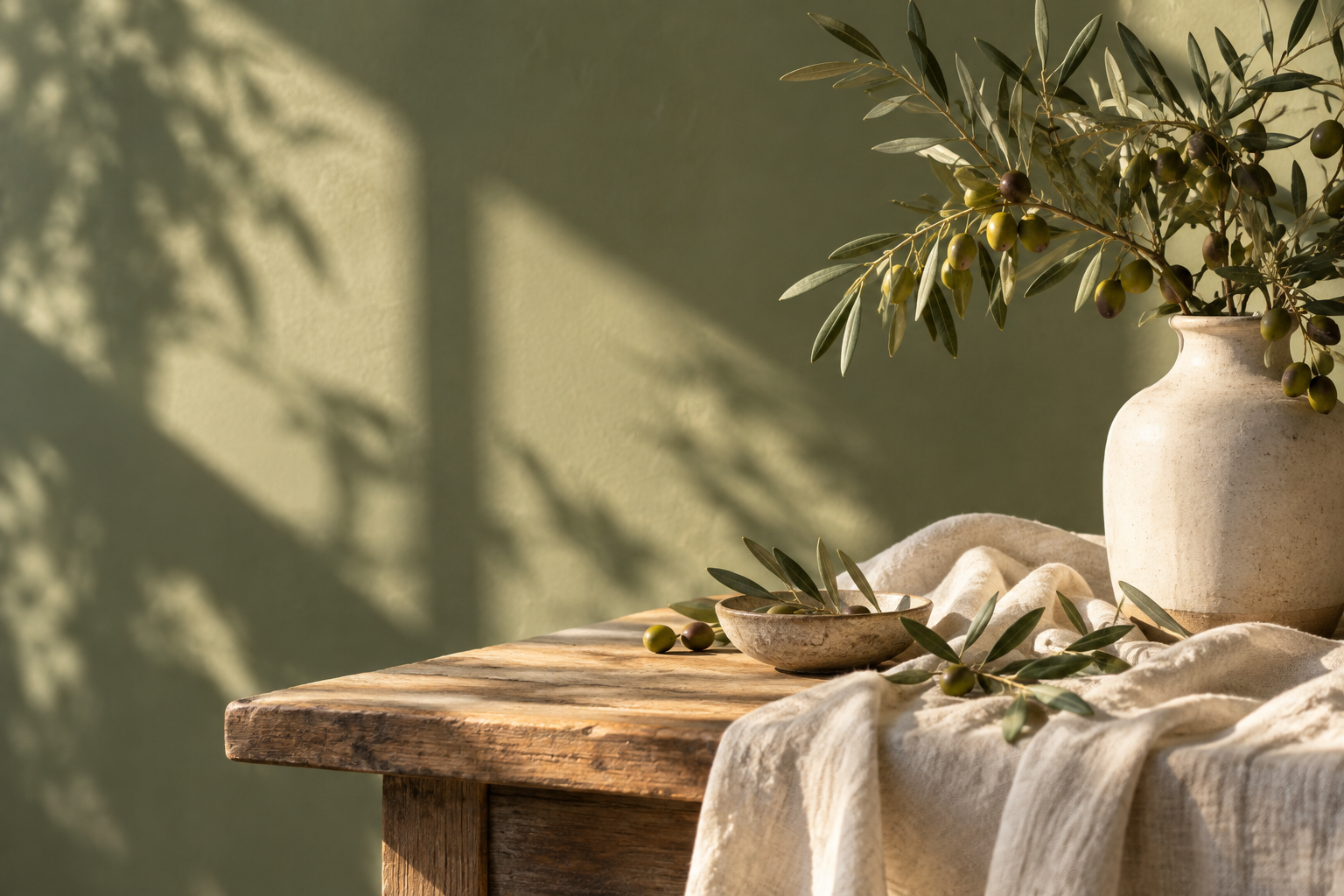 Olive branches and natural linen in warm light